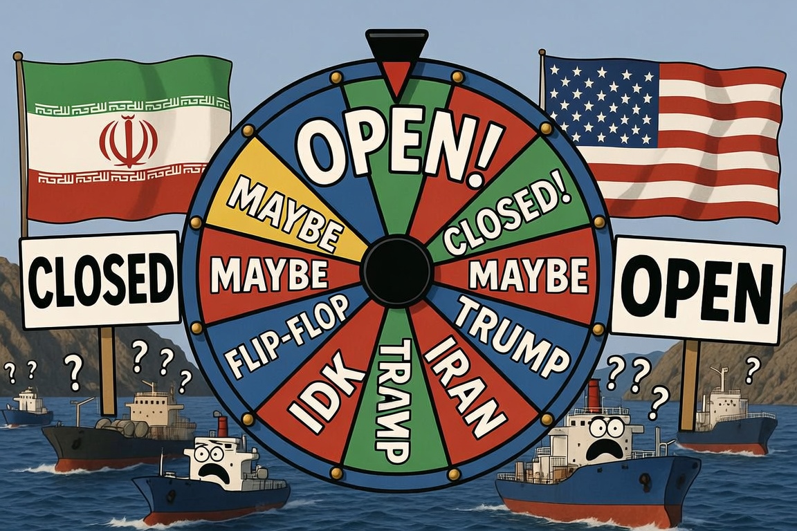 Giant spinning wheel in the Strait of Hormuz with OPEN and CLOSED signs
